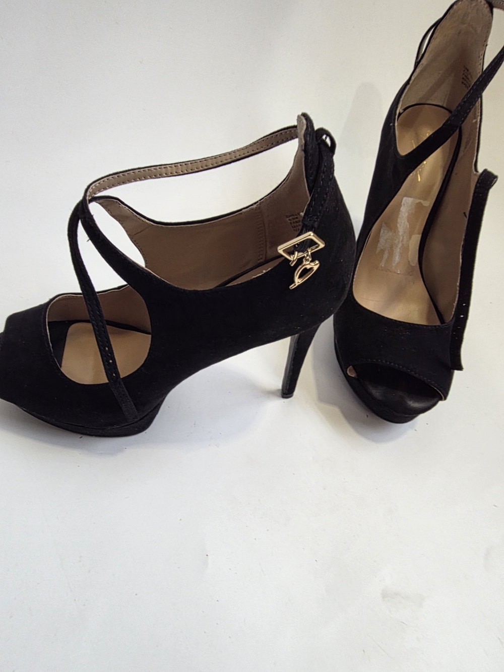 Thalia Sodi Black Suede Peep-Toe Stiletto Heels with Gold Accent Size 9.5